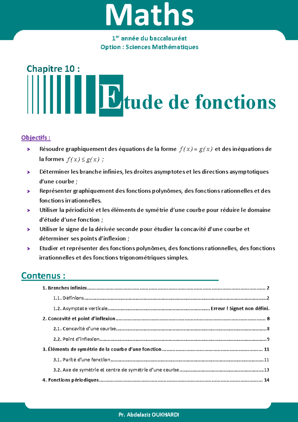 Maths 1er année Bac SM : Chapitre 10 - Etude de Fonctions - Studocu