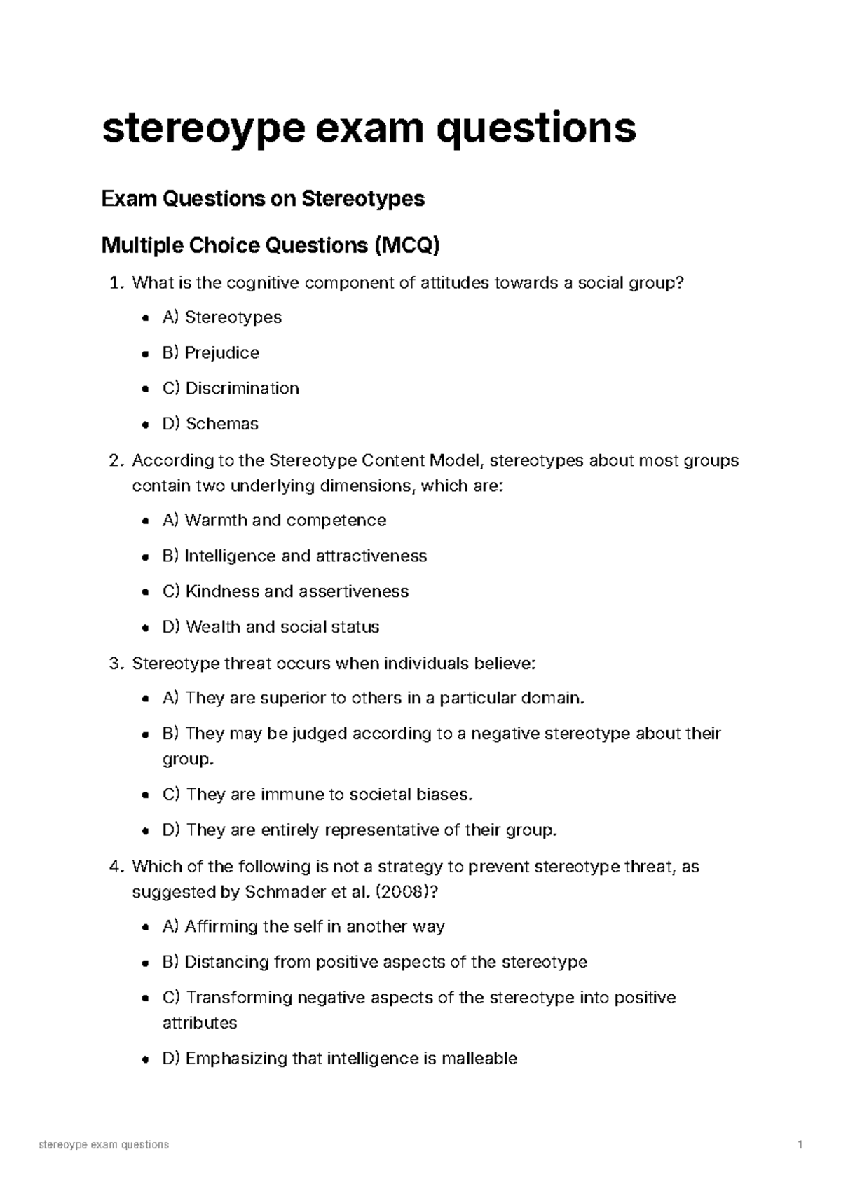 Stereotype Exam Questions - MCQs and Study Guide - Studocu