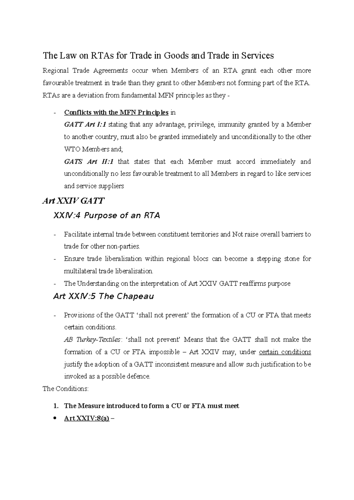 Study Notes - RTAs: Law on Trade in Goods & Services - Studocu