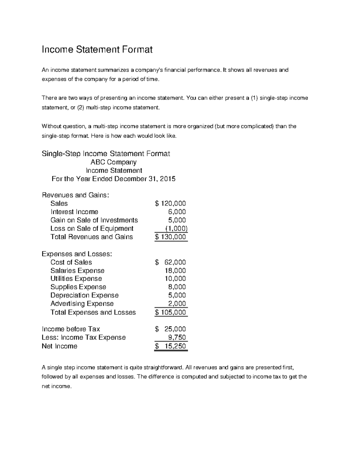 Income Statement Format Overview for Course 293951115 - Studocu