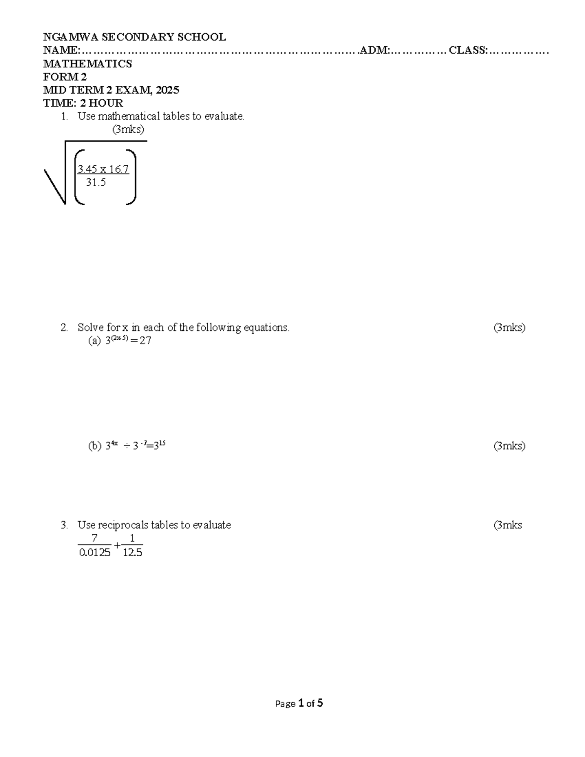 NGAMWA SECONDARY SCHOOL MATH FORM 2 MIDTERM 2 EXAM 2025 - Studocu