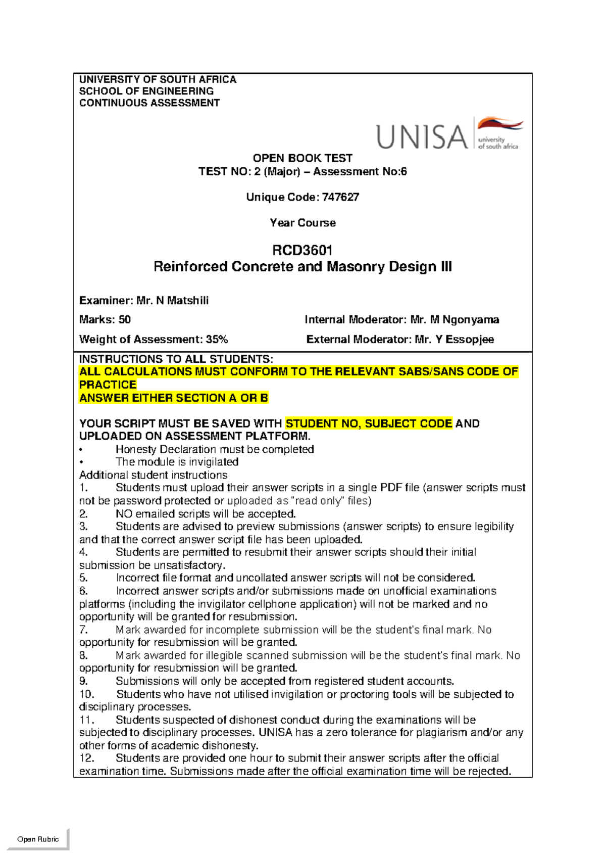 RCD3601 Major Test 2 - Reinforced Concrete & Masonry Design III - Studocu