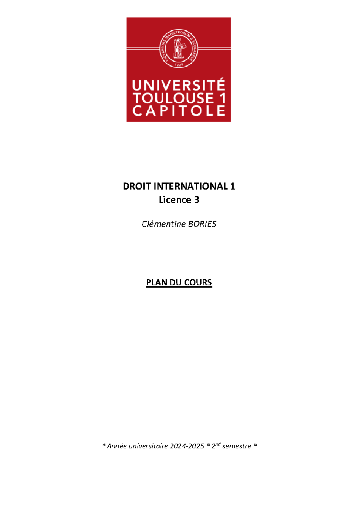 DROIT INTERNATIONAL 1 Licence 3 - Plan de Cours 2nd Semestre 2024 - Document Preview