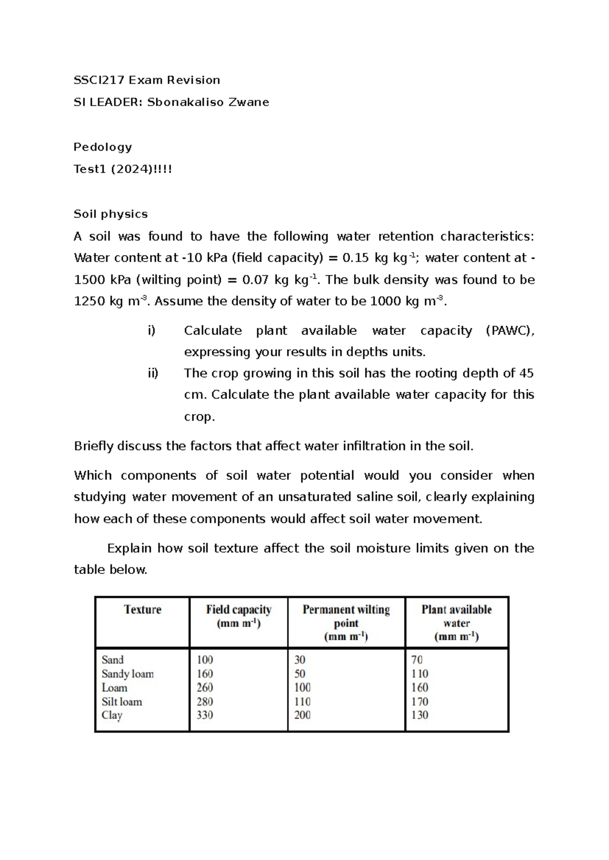 SSCI217 Final Exam Revision Notes for 2024: Soil Physics & Chemistry ...