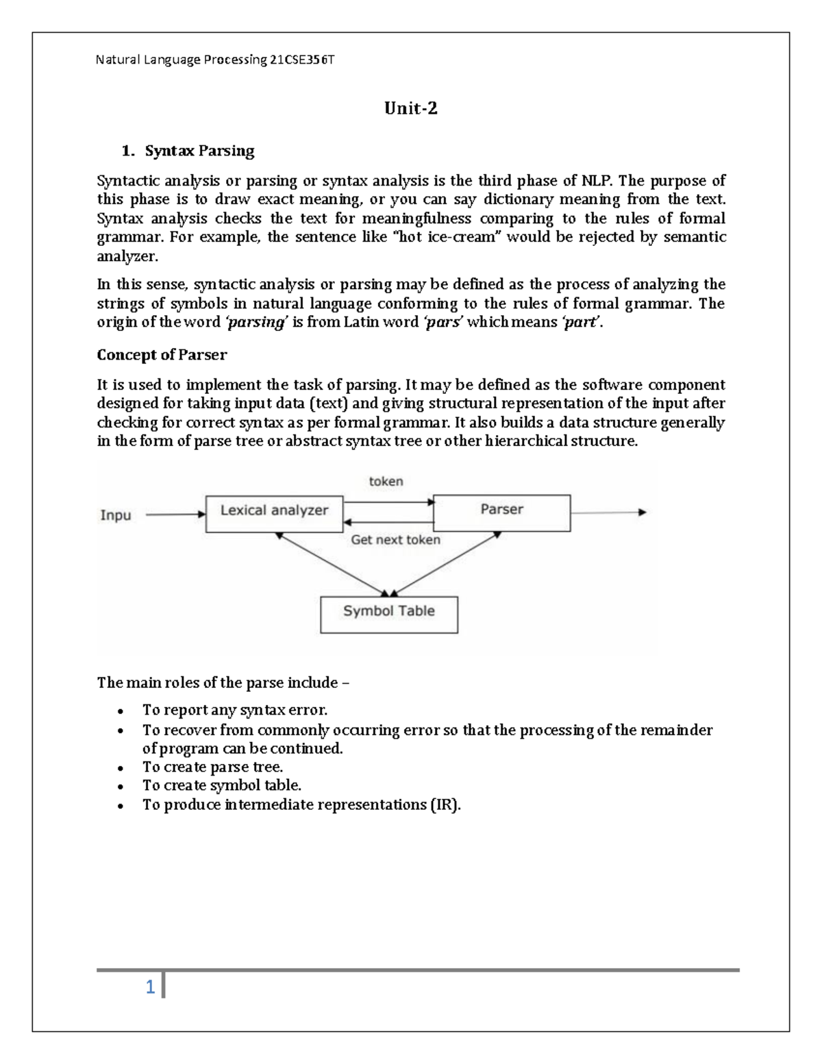 Nlp unit 2 - good - Unit- 2 Syntax Parsing Syntactic analysis or ...