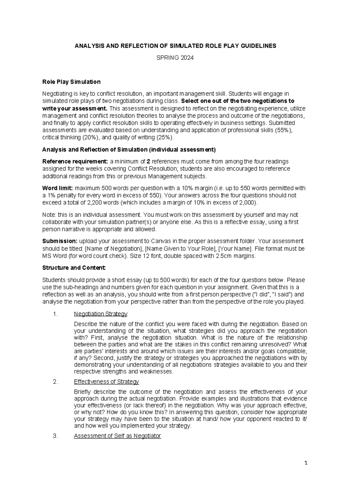 Spring 2024 Individual Reflection on Role Play Negotiation Assessment ...