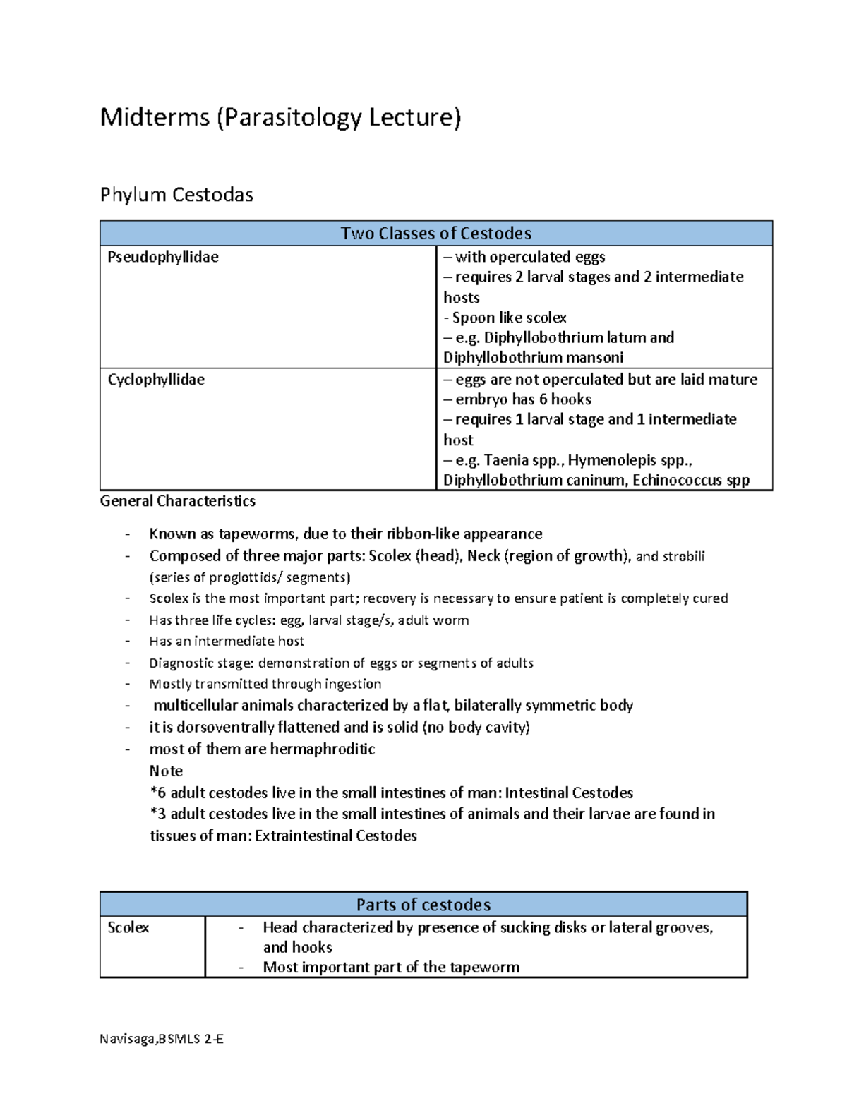 Midterm Review Notes on Cestodes (Parasitology 101) - Studocu