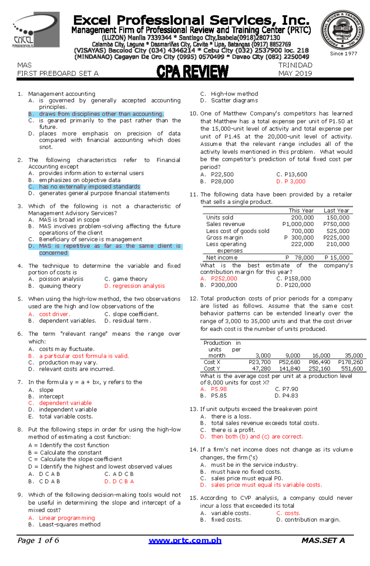 MAS 1st Preboard Review Set A - May 2019 for CPA Exam Prep - Studocu