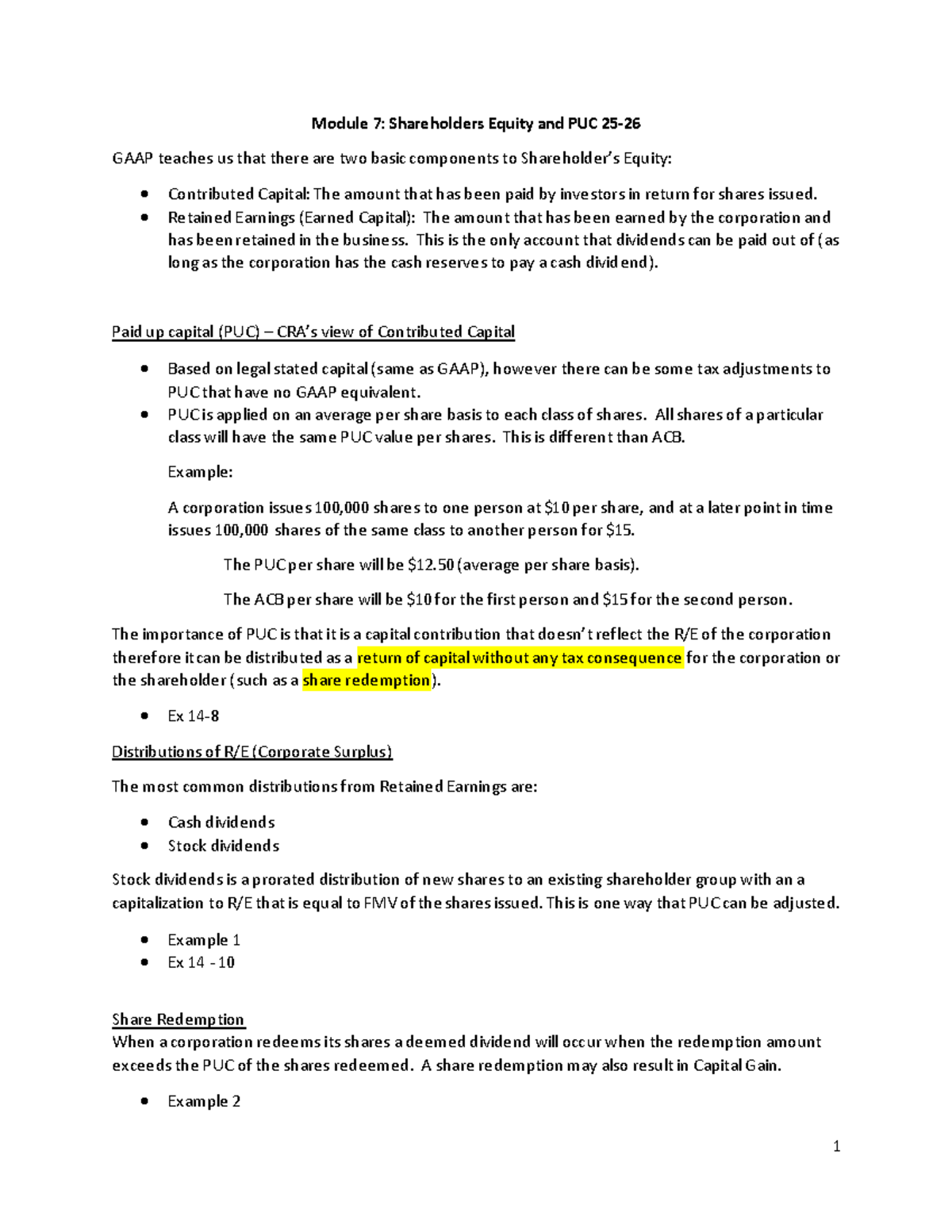 Module 7: PUC Notes on Shareholders' Equity and GAAP - Studocu