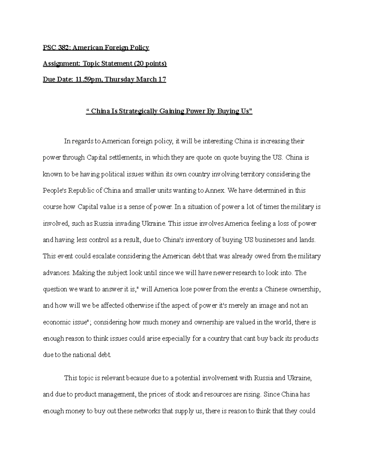 China's Strategic Gains: Topic Statement for PSC 382 Assignment - Studocu