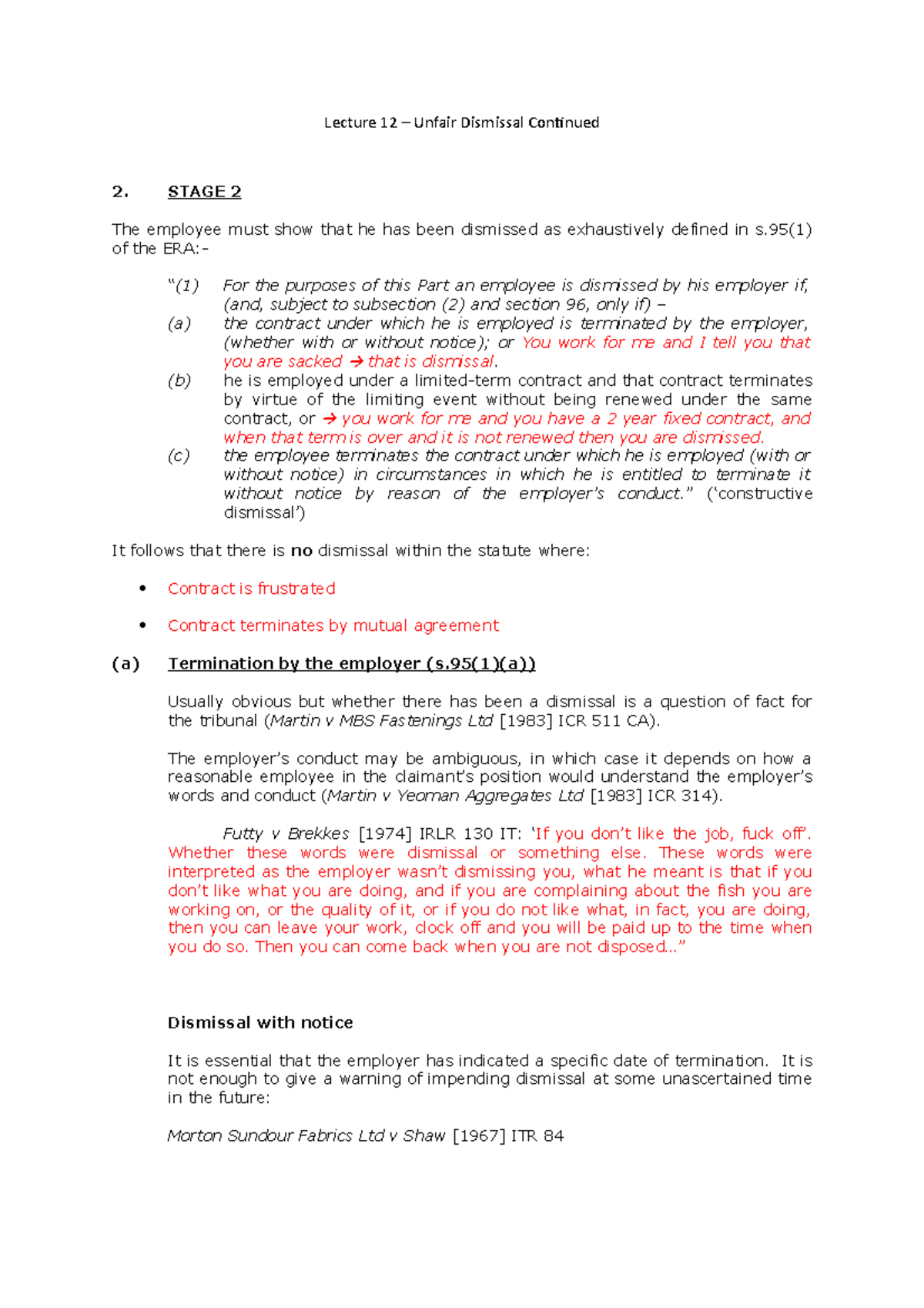 Lecture 12: Unfair Dismissal - Legal Perspectives and Key Cases - Studocu