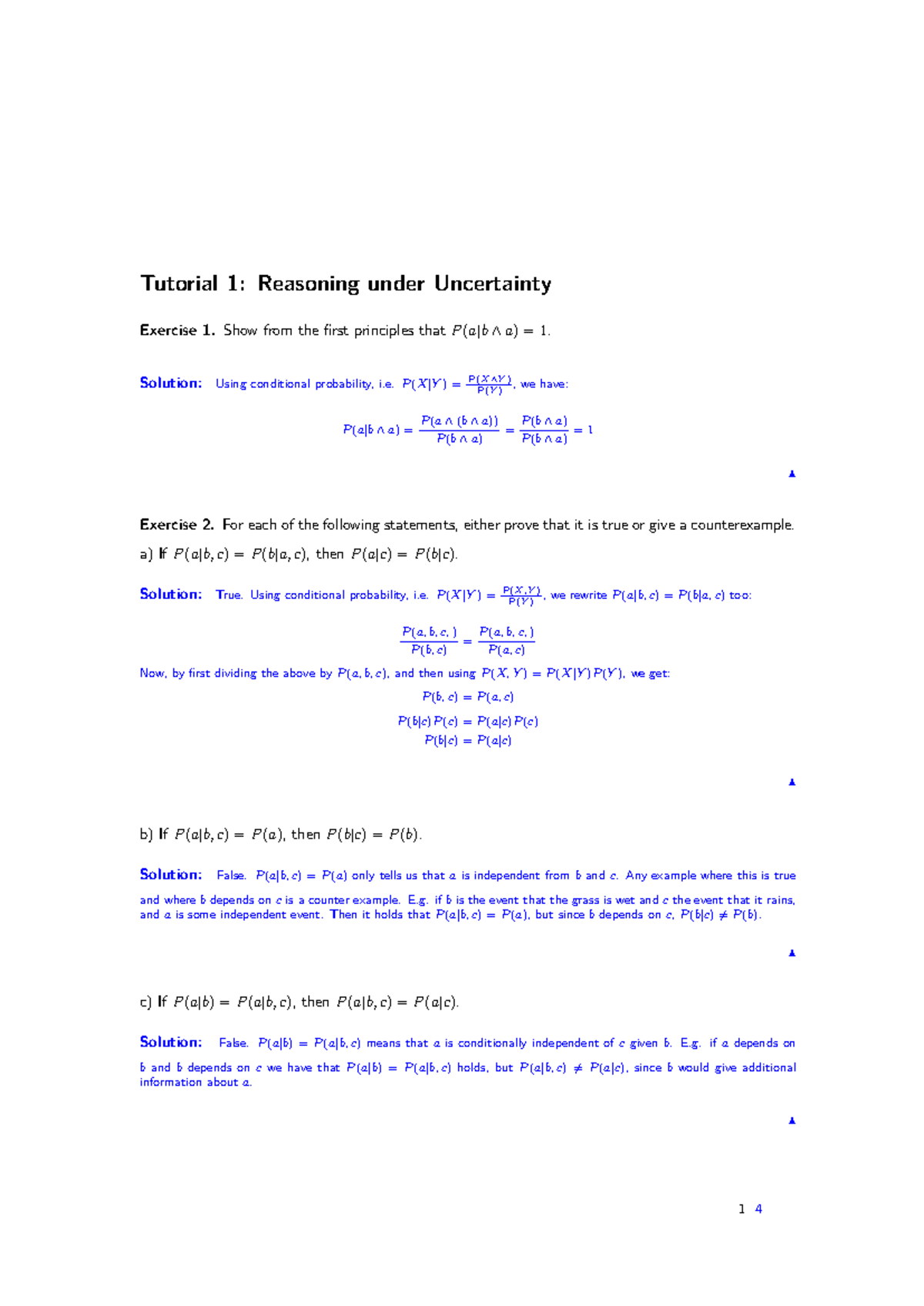 Tutorial 1 - Reasoning Under Uncertainty Solutions and Exercises ...