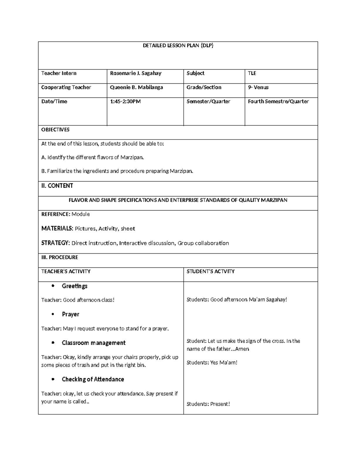 Detailed Lesson Plan for TLE: Exploring Marzipan Flavors & Preparation ...