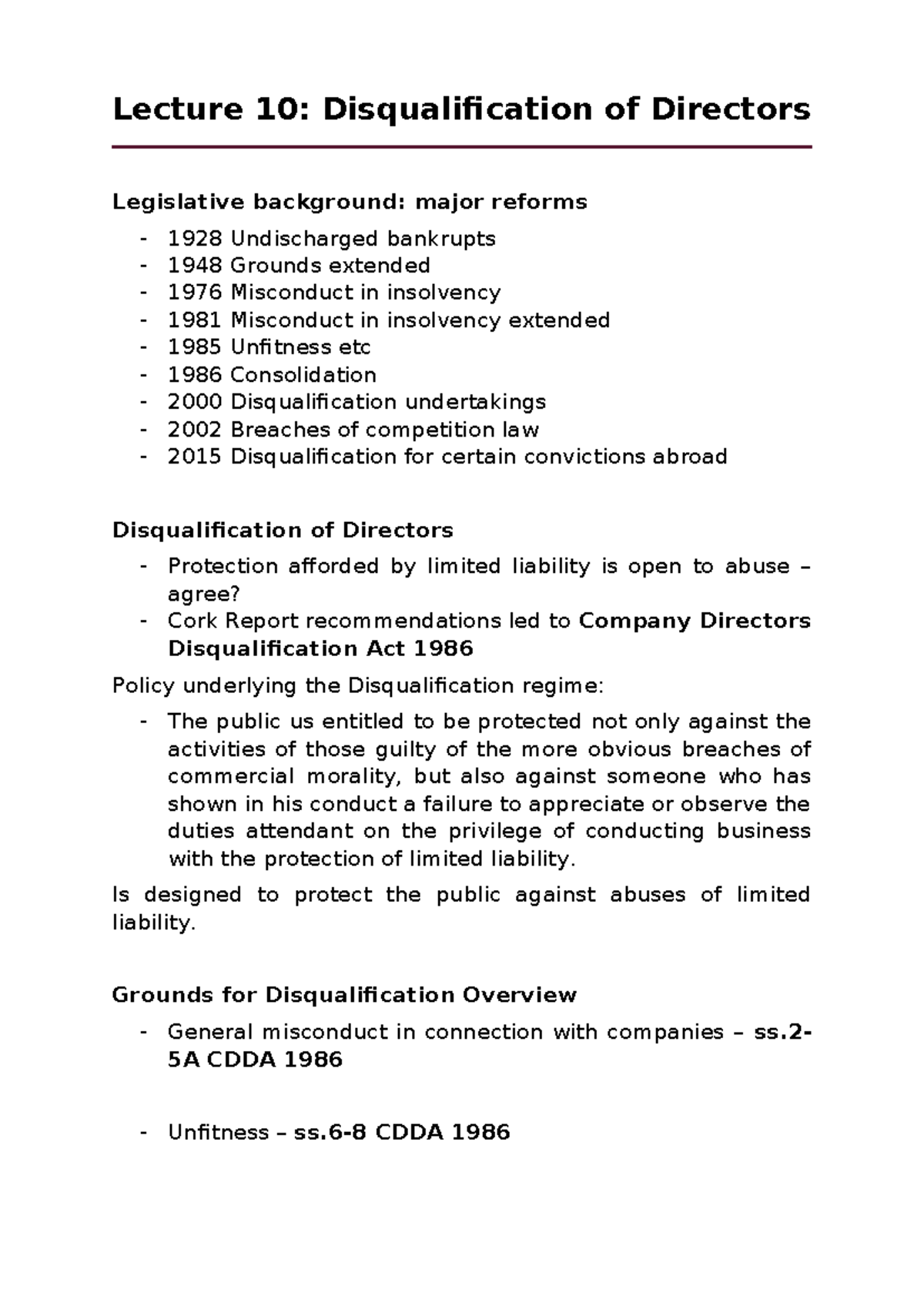 Lecture 10: Disqualification of Directors - Legislative Reforms ...