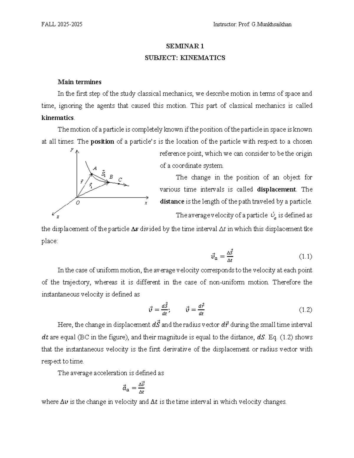 FALL KINEMATICS Seminar 1 - Key Concepts and Formulas - Studocu