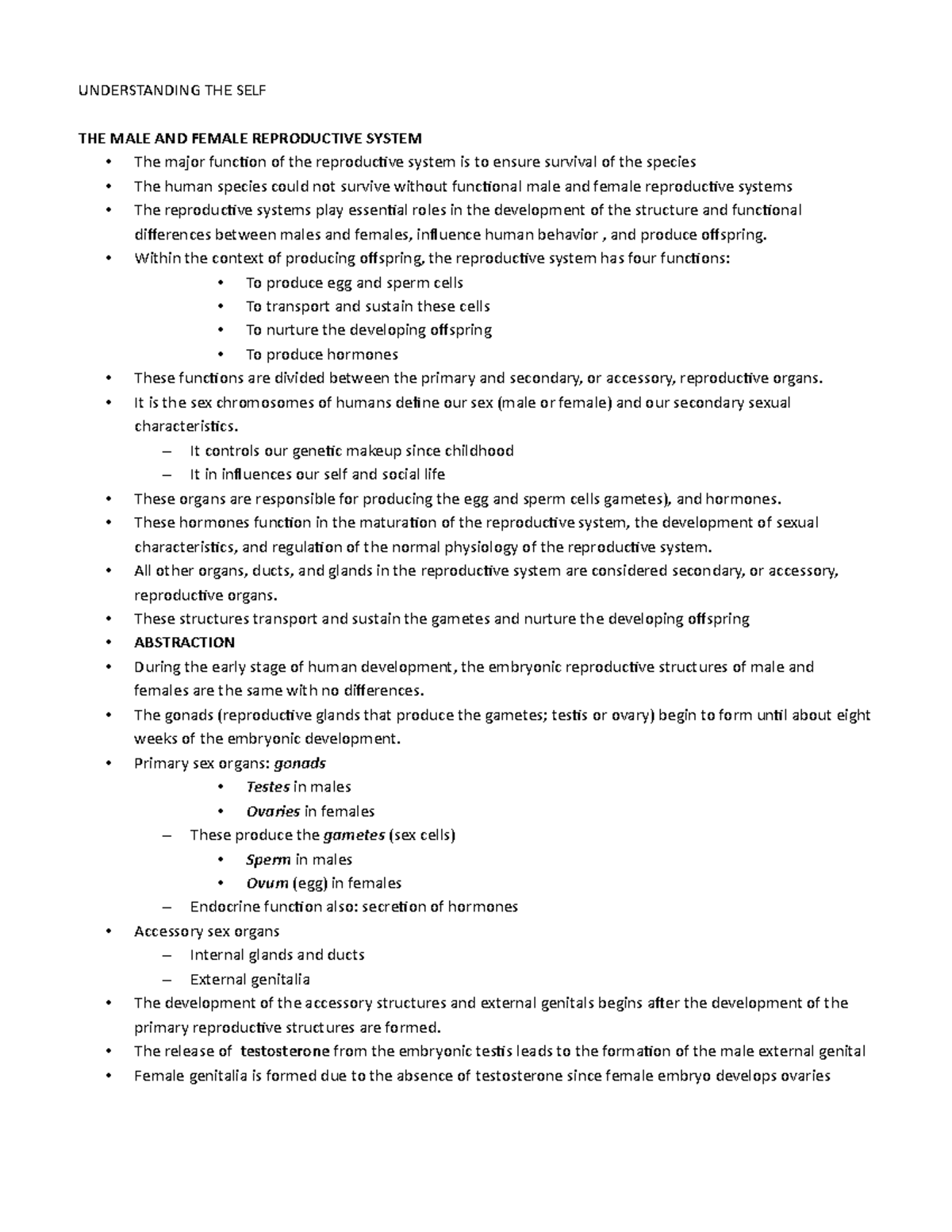 Understanding the Self Final Notes - UNDERSTANDING THE SELF THE MALE ...