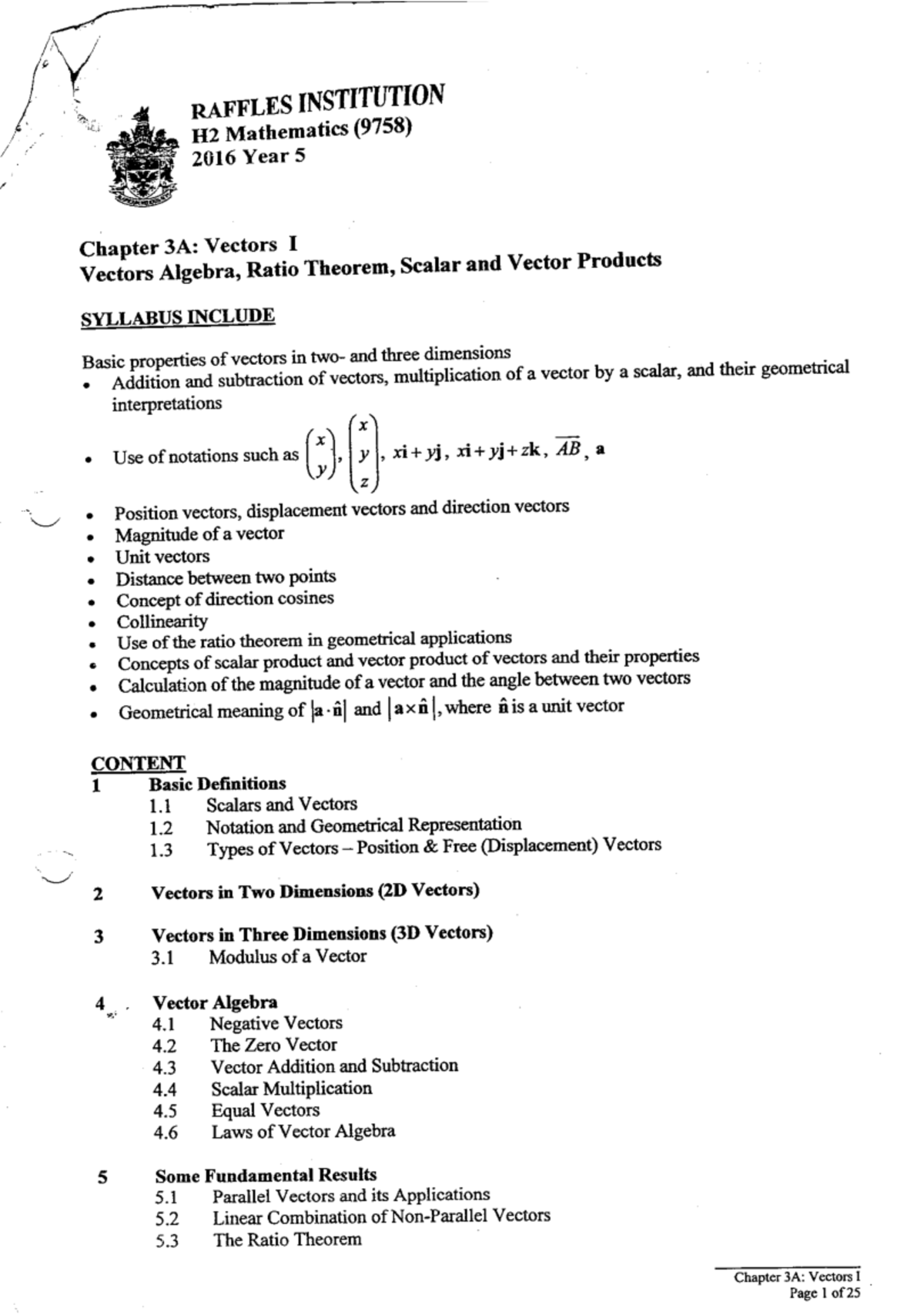 H2 Mathematics (9758) 2016 Year 5 Chapter 3A: Vectors I - Comprehensive ...