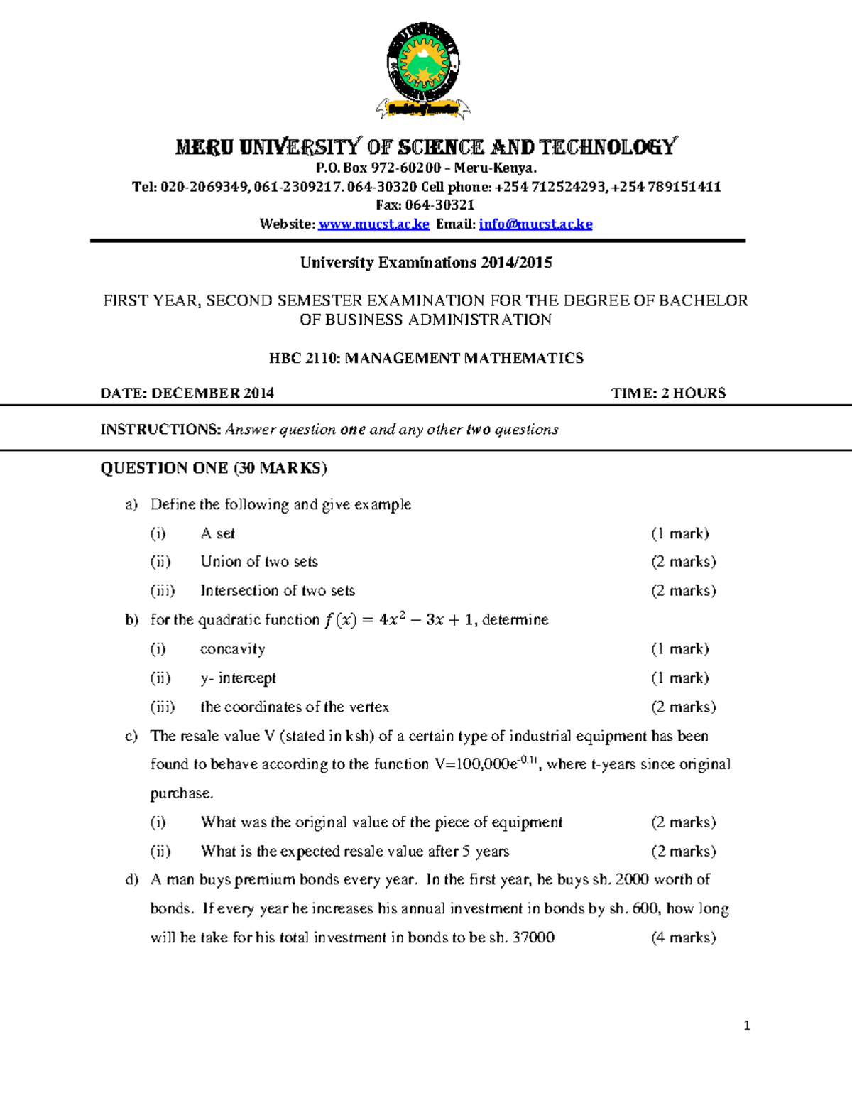 Management Mathematics Exam Notes HBC 2110 - December 2014 - Studocu