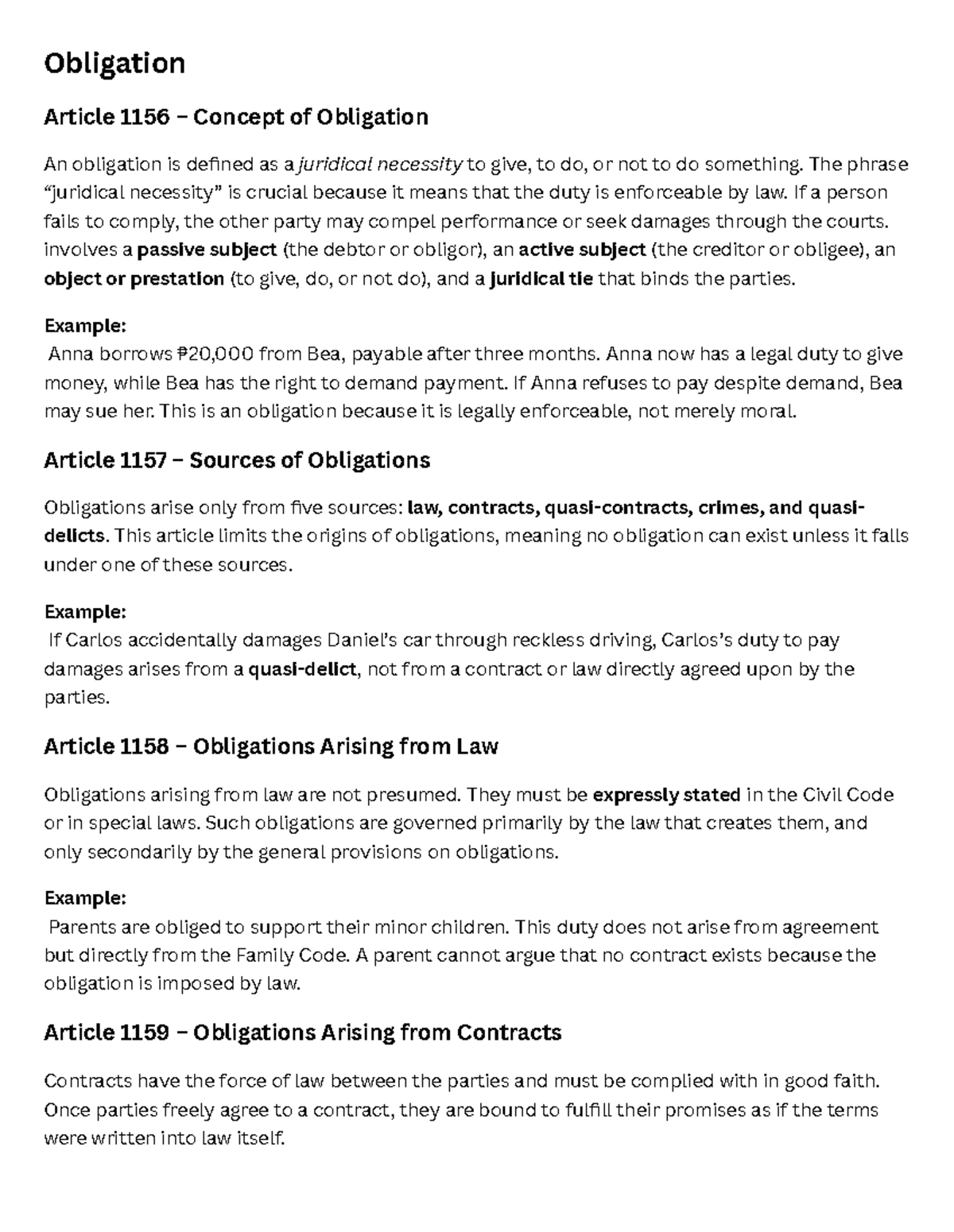 Civil Code Obligations: Nature, Sources, and Effects (Articles 1156 ...