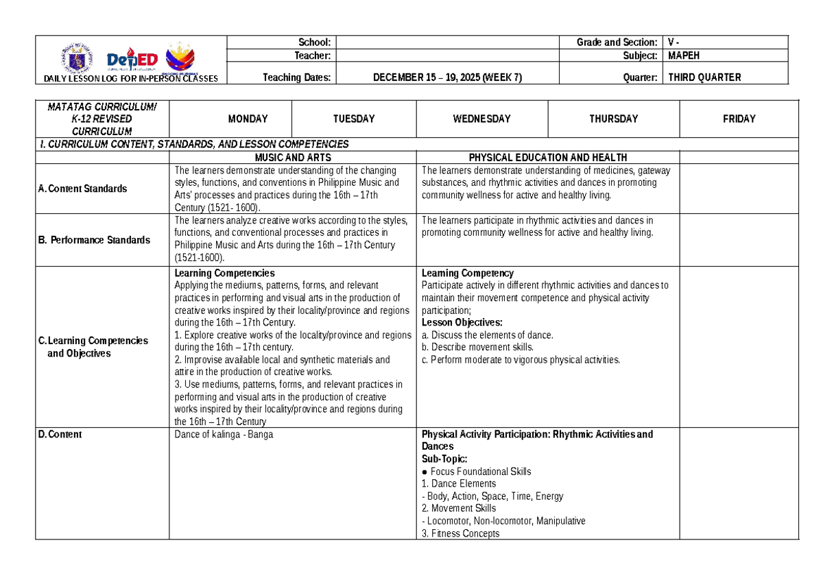 G5 MAPEH DLL Q3 W7: Weekly Lesson Log for Music & Arts - Studocu