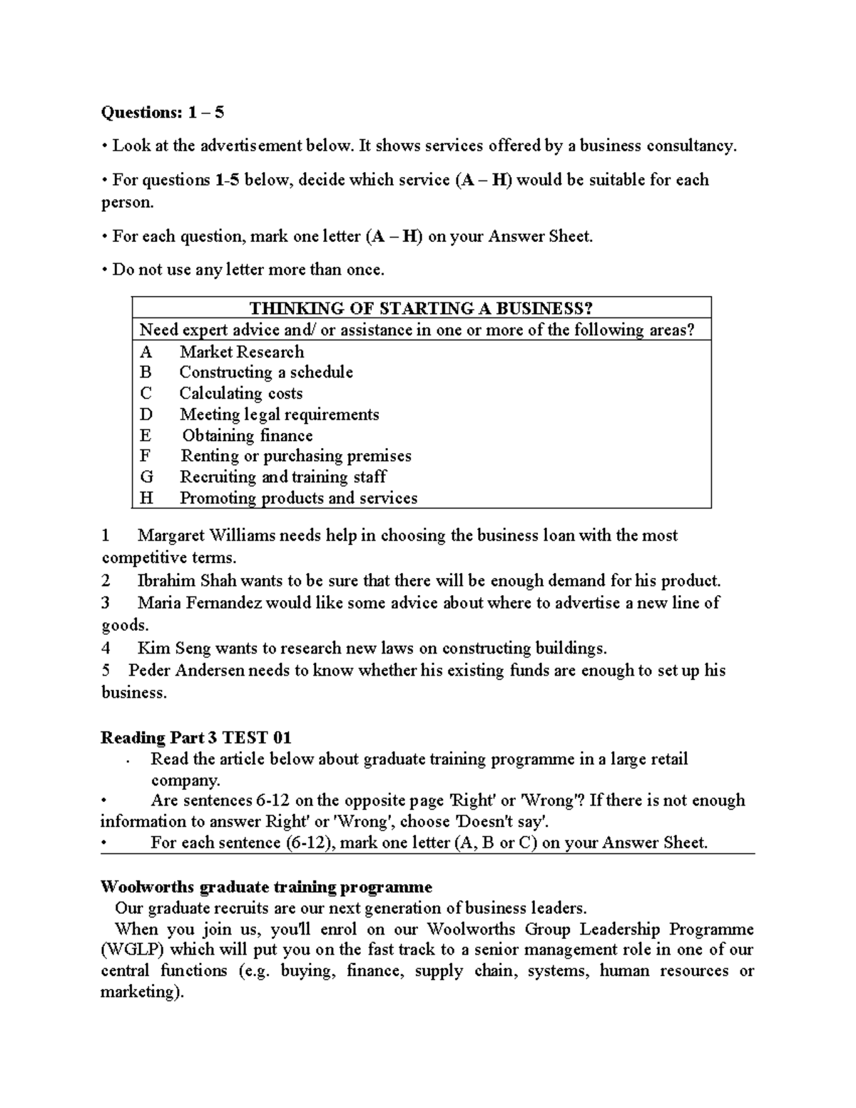 Reading & Writing. Practice - Questions: 1 – 5 Look at the ...