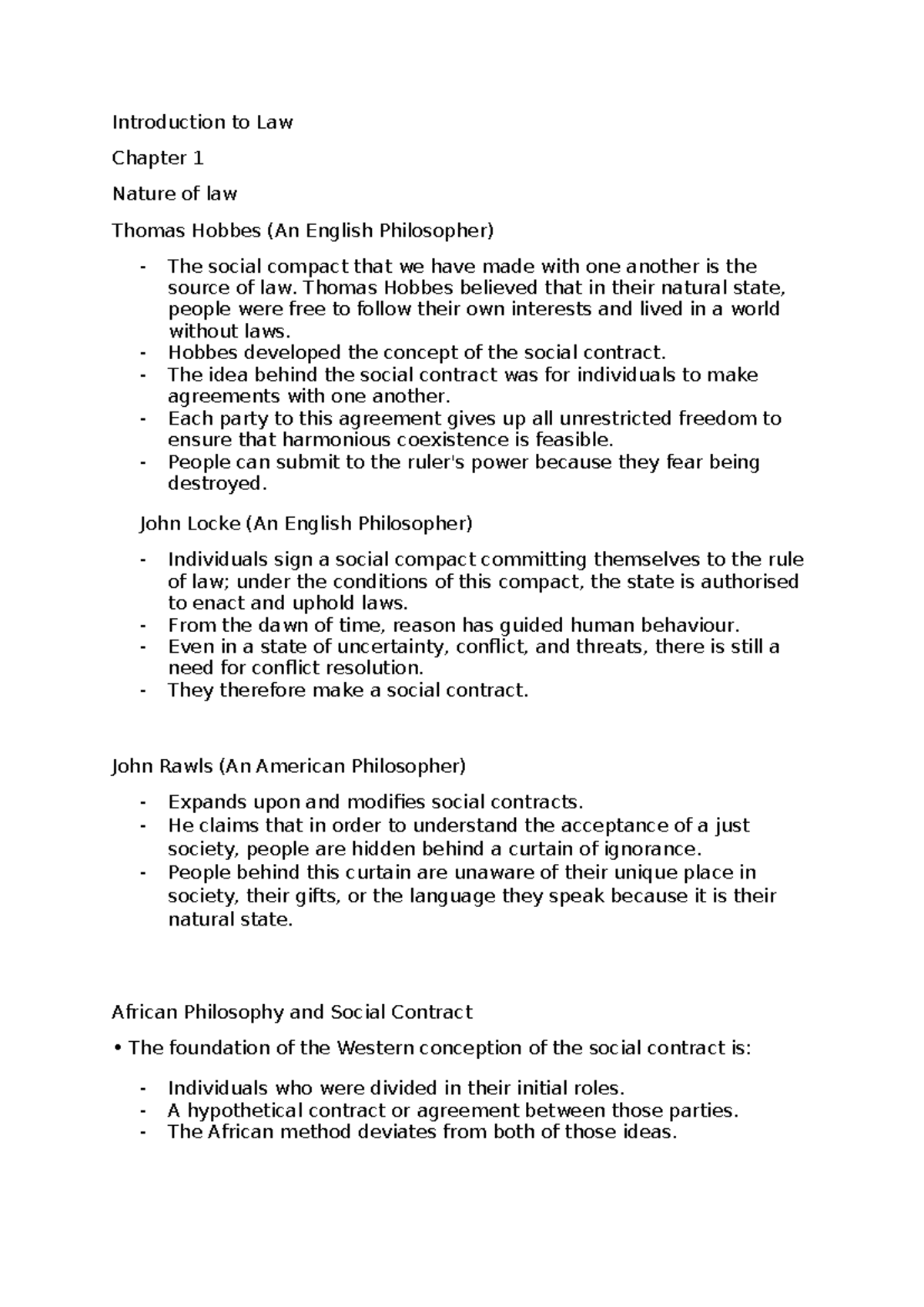 Introduction to Law: Chapter 1 Exam Notes on Social Contract Theories ...