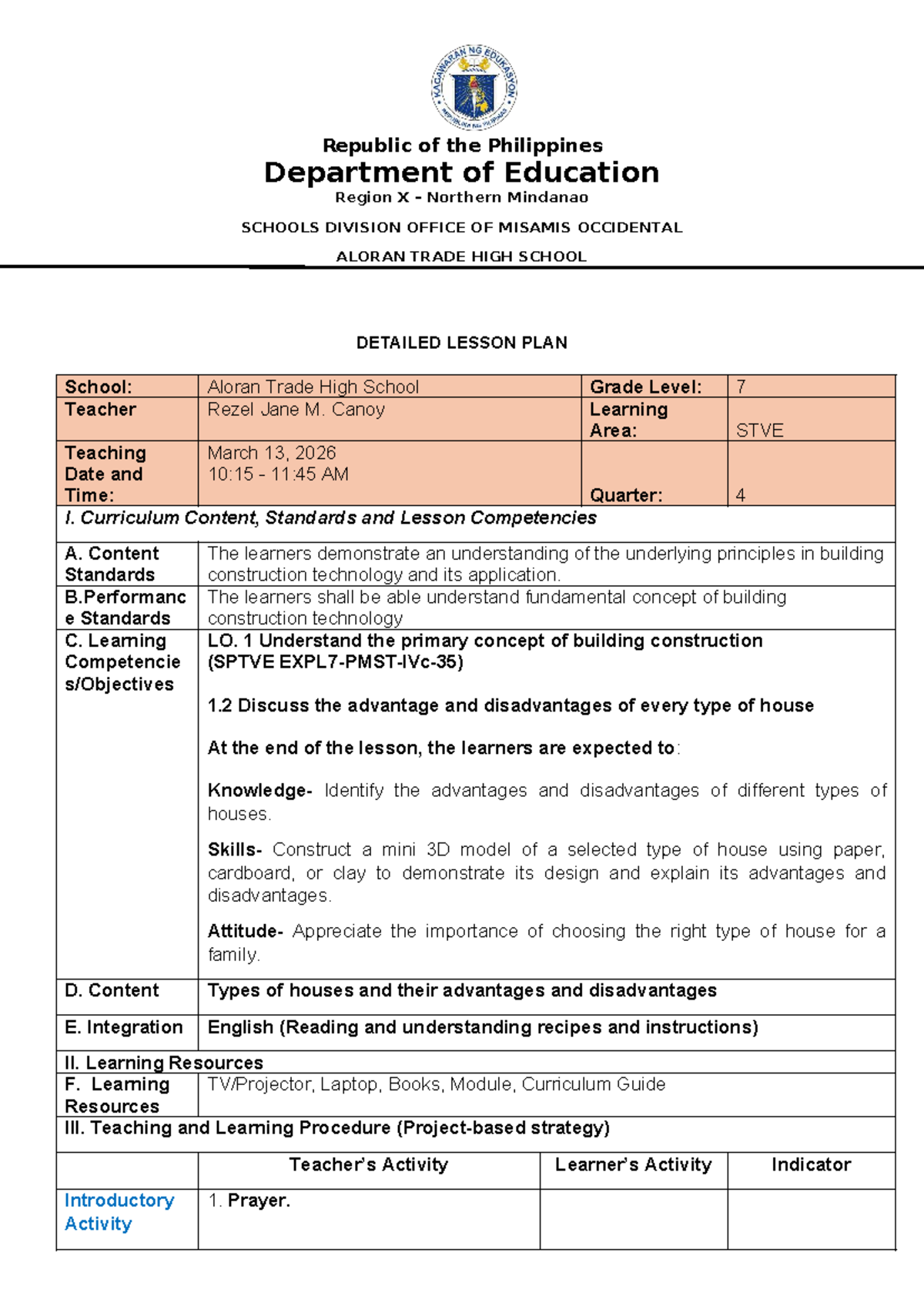 Detailed Lesson Plan on Types of Houses and Their Advantages (STVE 7 ...