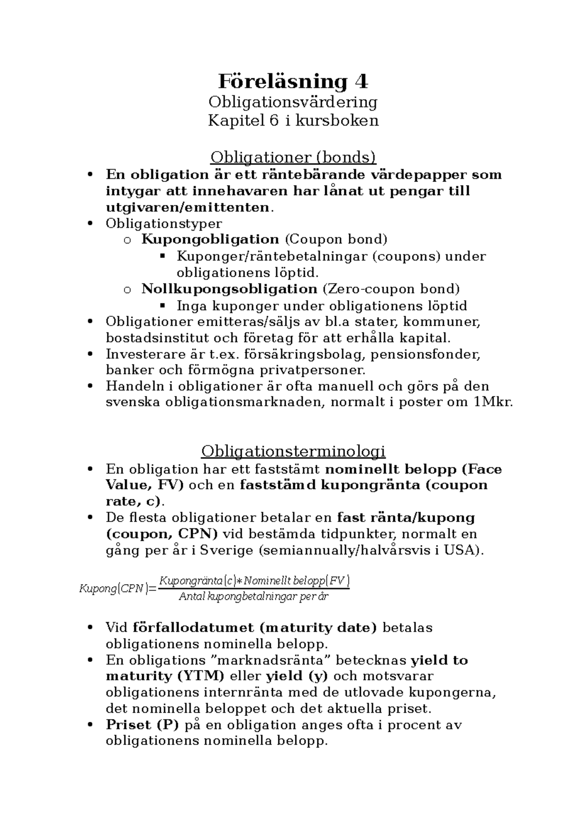 Obligationer - Föreläsningsanteckningar - Föreläsning 4 ...