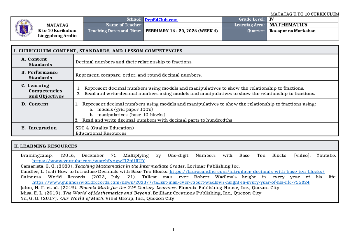 DTC DLL Matatag MATH 4 Q4 W4: Understanding Decimals and Fractions ...