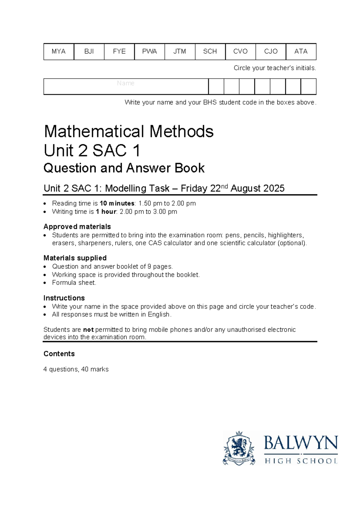 Mathematical Methods Unit 2 SAC 1: Modelling Task Q&A Book 2025 - Studocu
