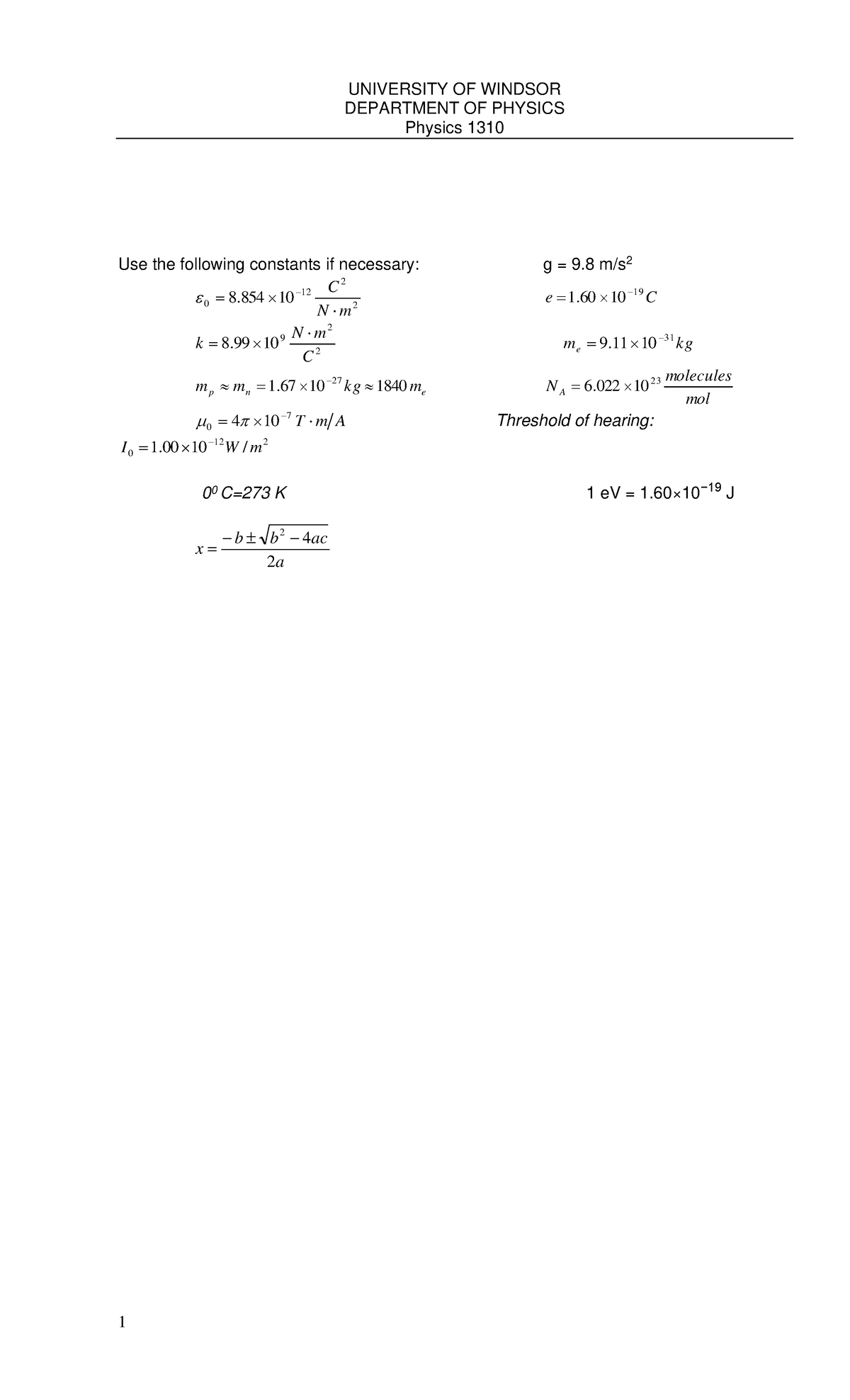 Physics 1310 Final Exam Formula Sheet for Midterm 2 - Studocu