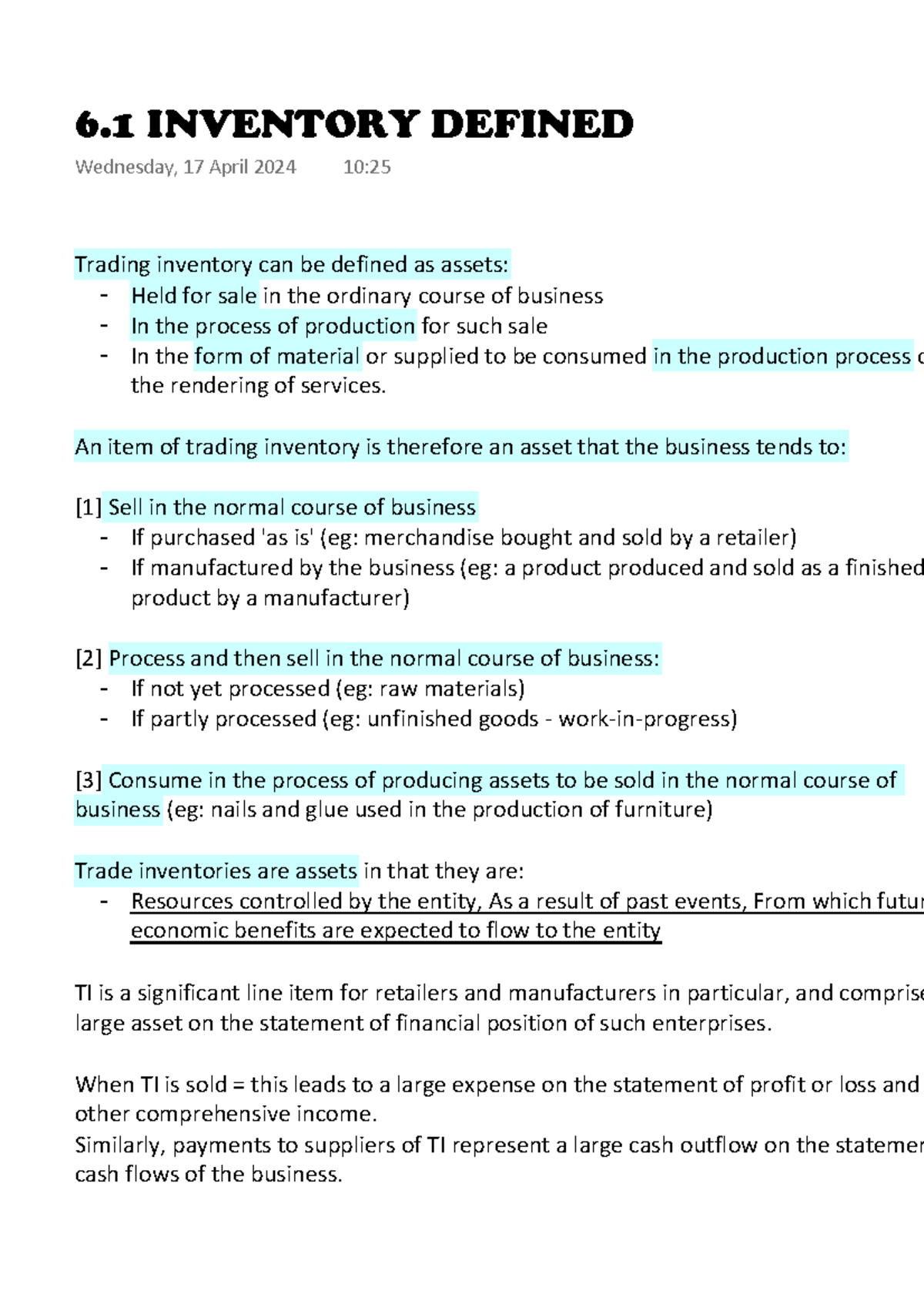 Inventory Defined: Key Concepts from Chapter 6 - Finance 101 - Studocu