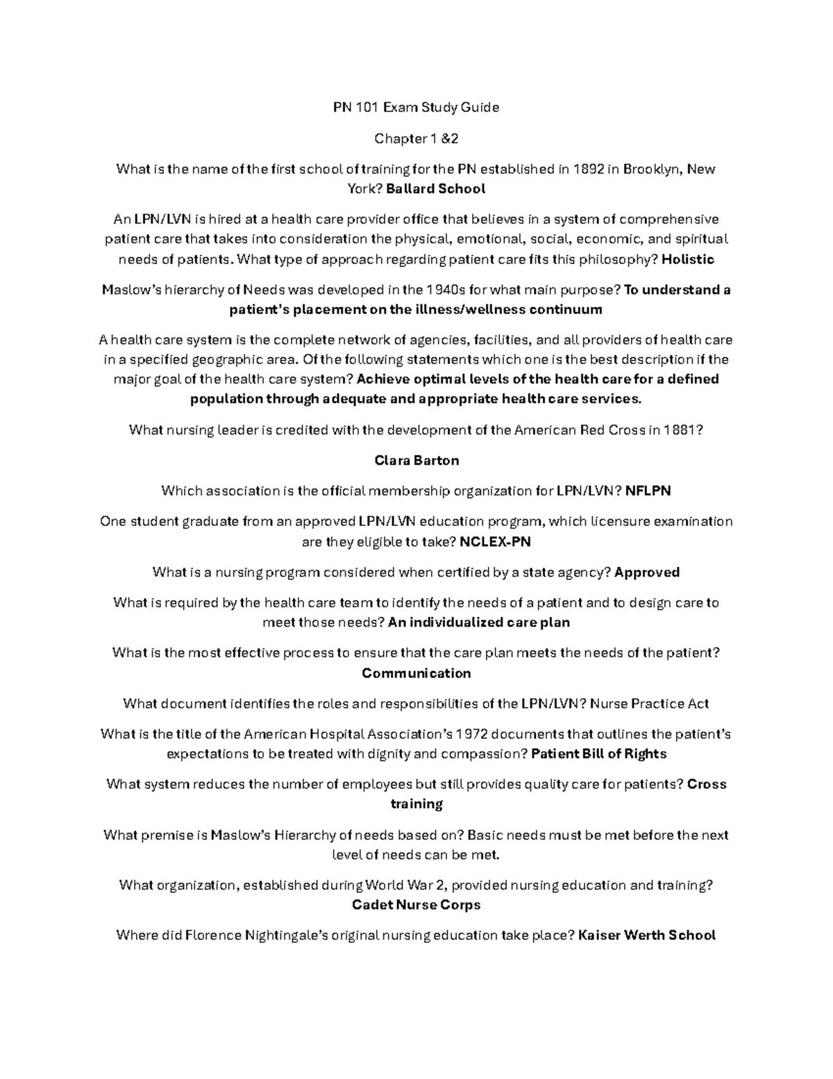 PN 101 Exam Study Guide: Chapters 1 & 2 Test Preparation - Studocu