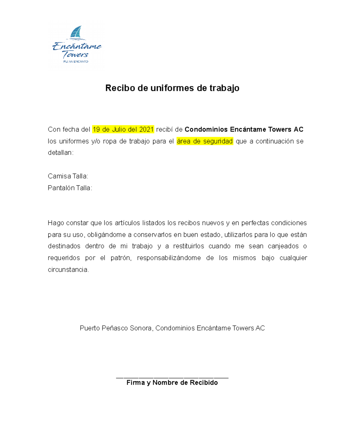 Recibo de Uniformes de Trabajo - Condominios Encántame Towers AC - Studocu