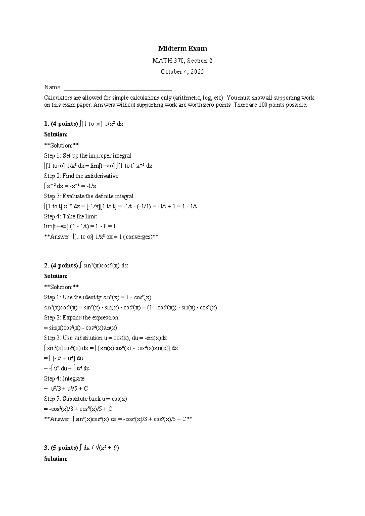 Midterm Exam Solutions for MATH 370, Section 2 - October 2025 - Studocu