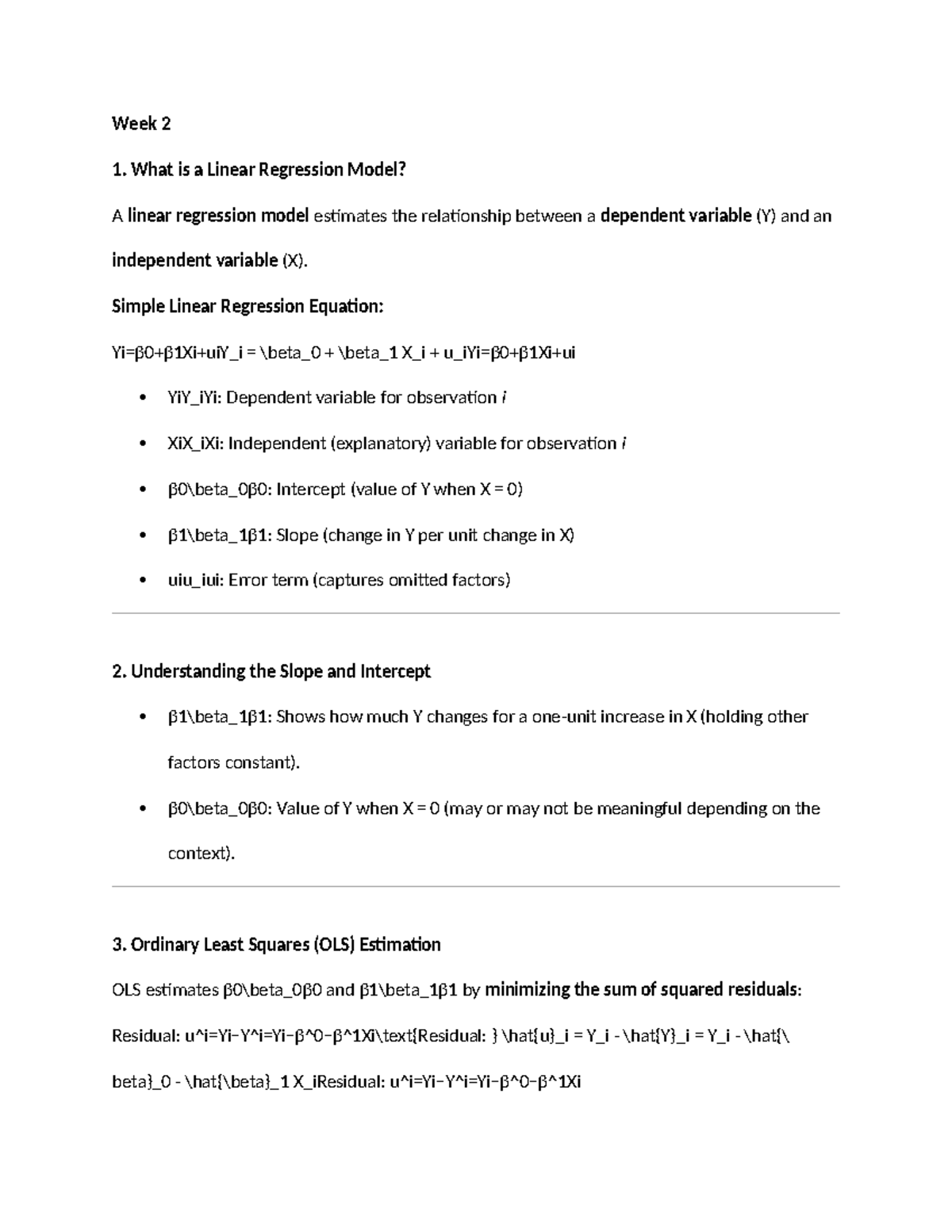 ECON2300 Week 2: Understanding Linear Regression Models and OLS - Studocu