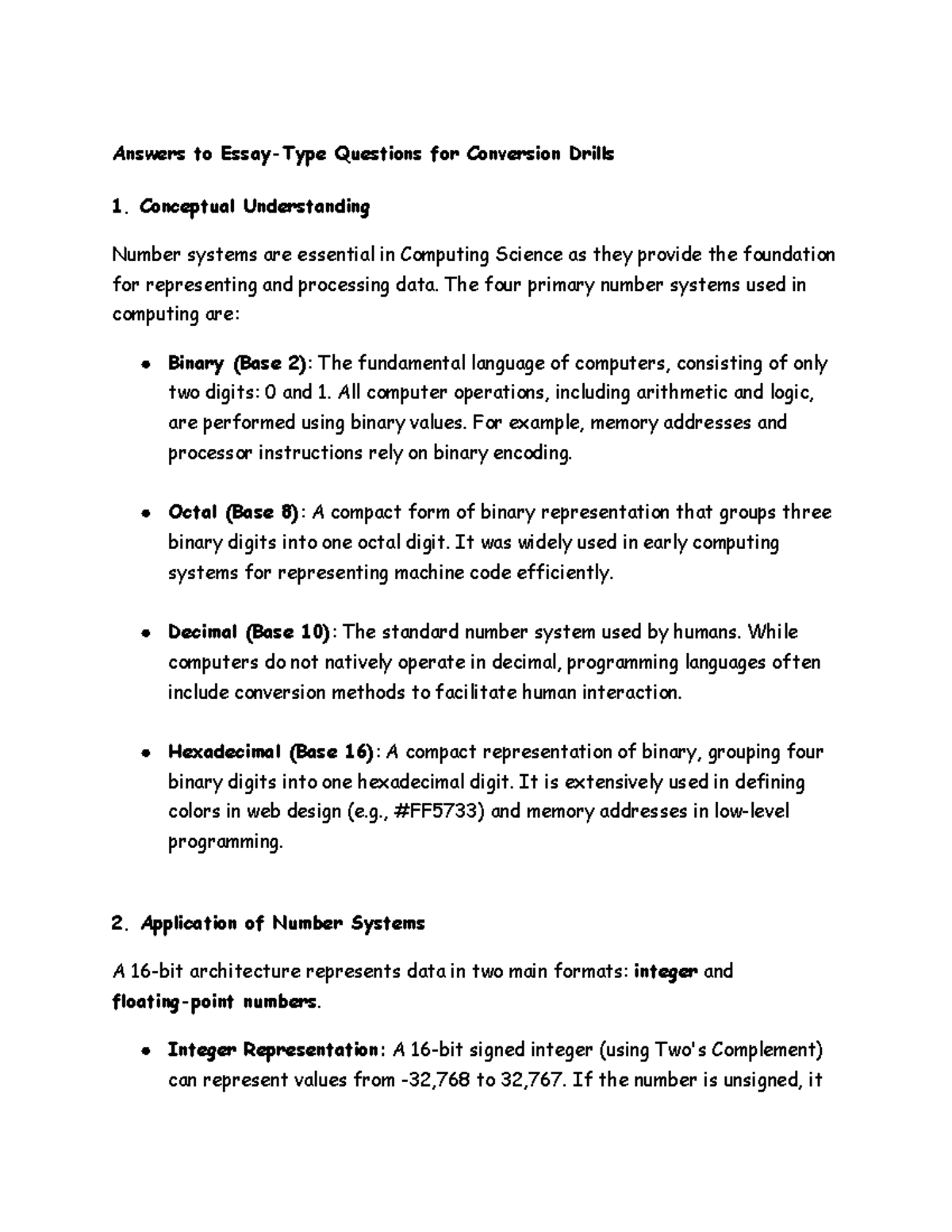 Answers to Essay Questions for Conversion Drills: Number Systems - Studocu