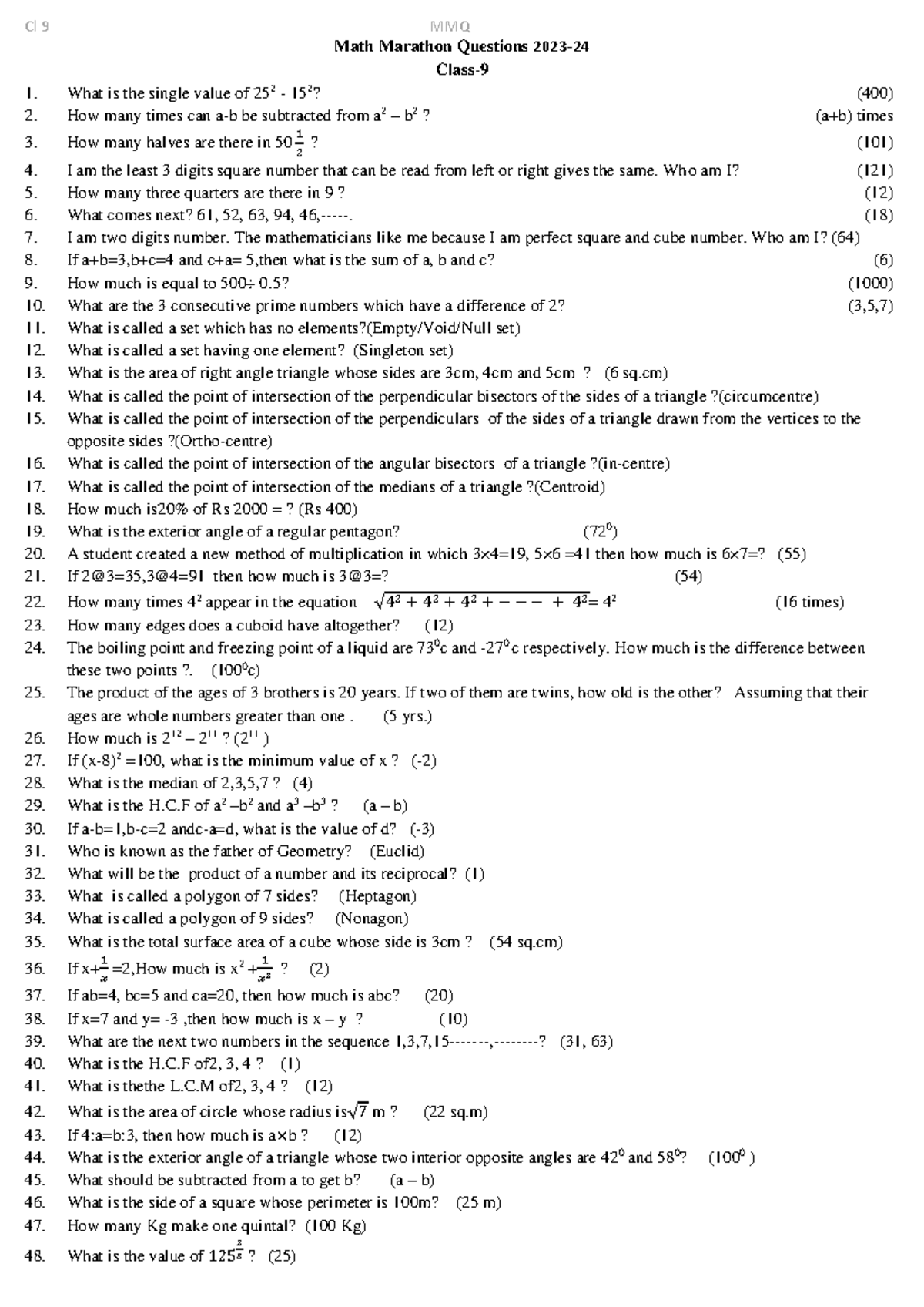 Cl 9 MMQ Math Marathon Questions and Answers - Studocu