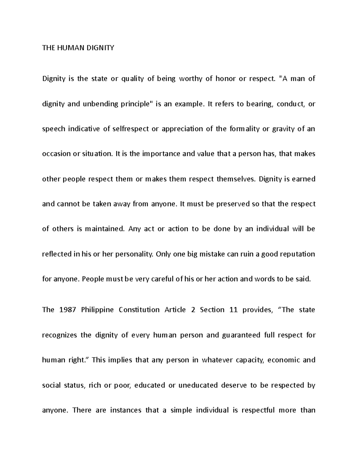 Ethics 2 - Understanding Human Dignity and Filipino Values - Studocu