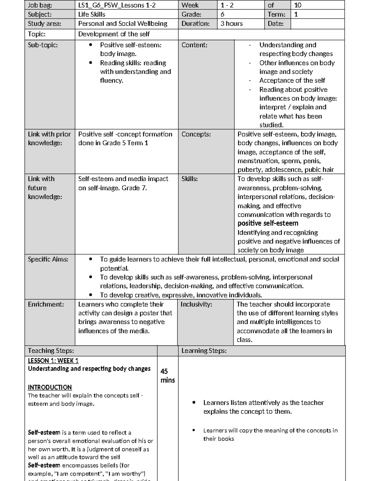LS1_G6_PSW_Lesson Plans: Positive Body Image & Self-Acceptance - Studocu