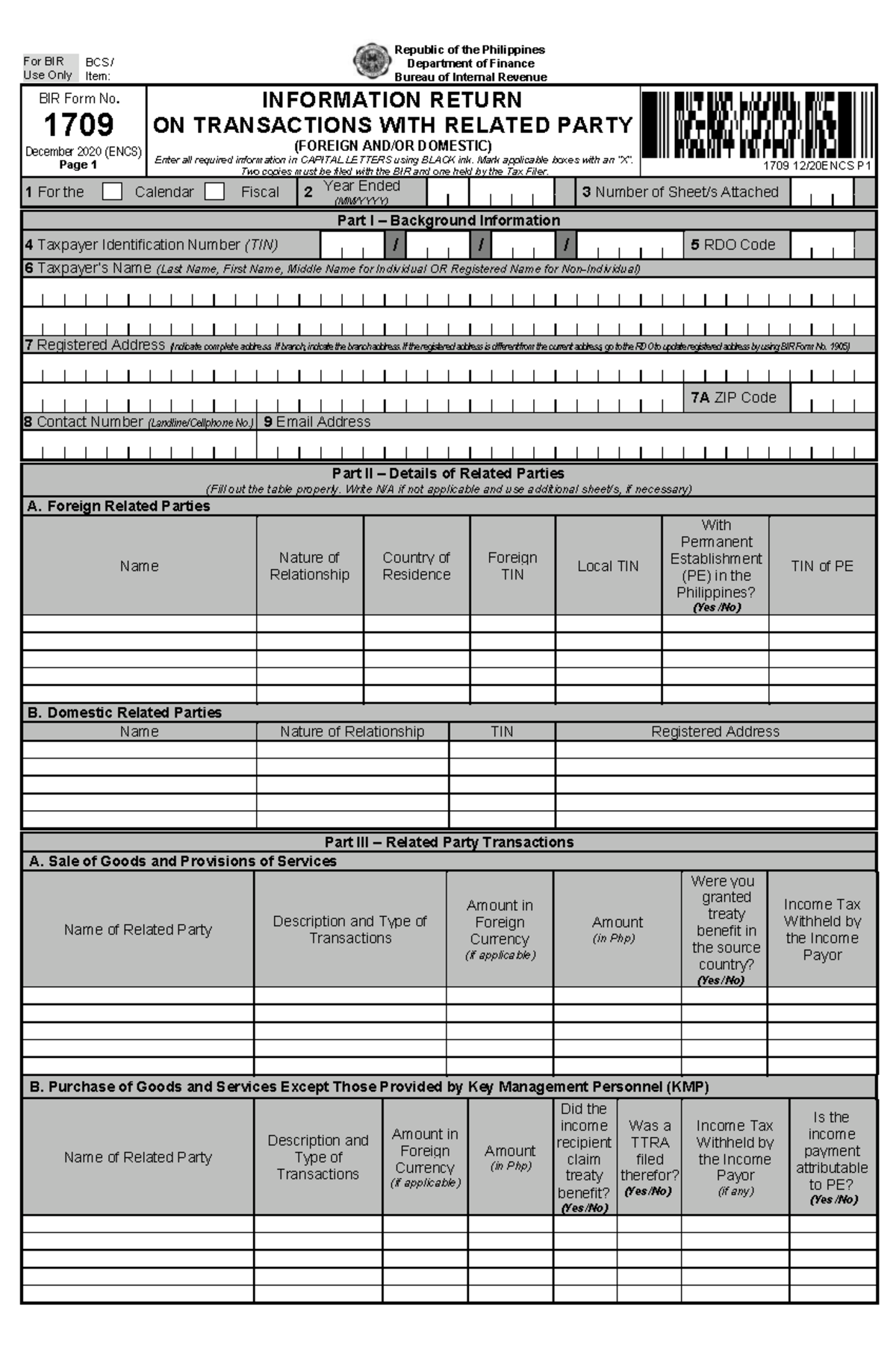 BIR Form No. 1709: Information Return on Related Party Transactions ...