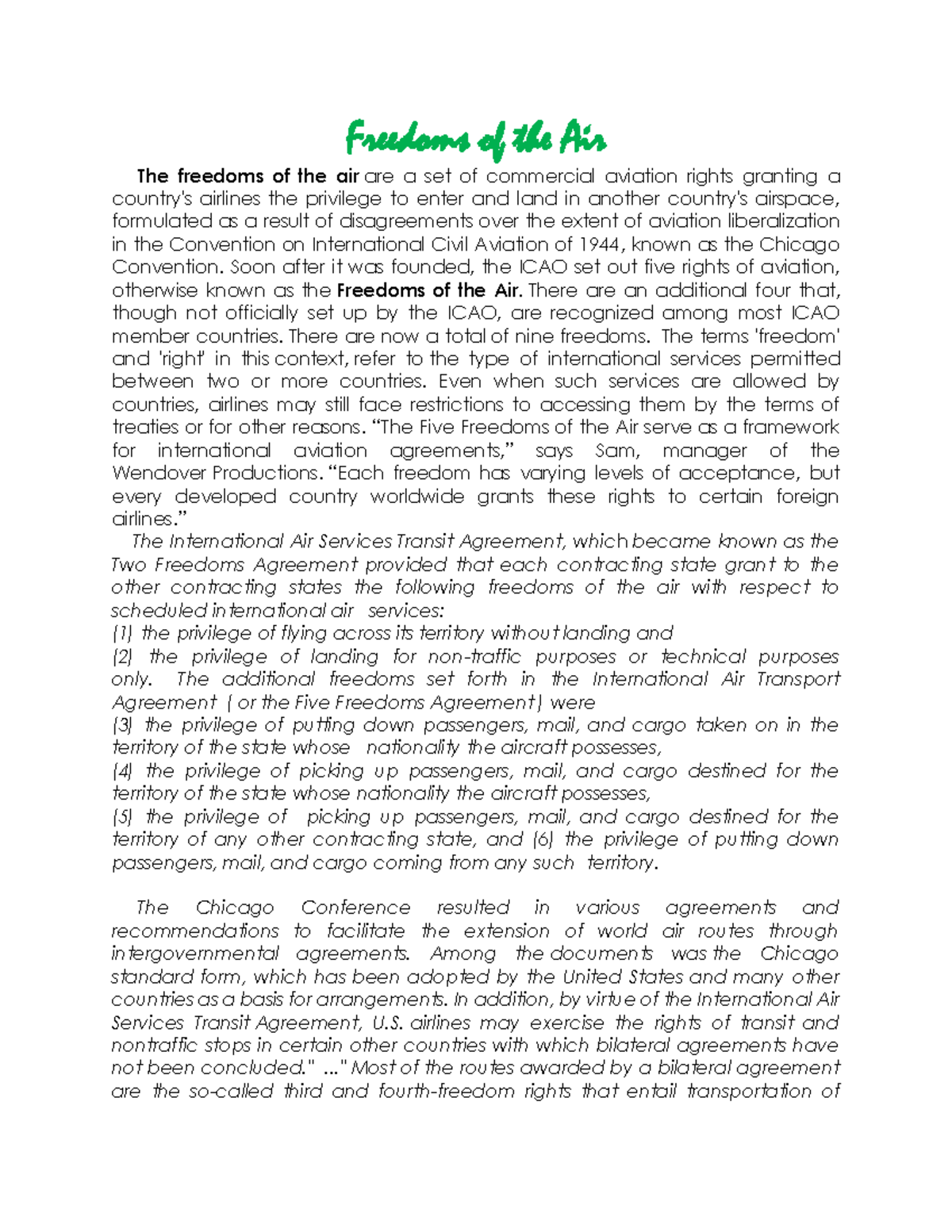 Freedoms of the Air - Study Guide for Aviation Law (AAV 101) - Studocu