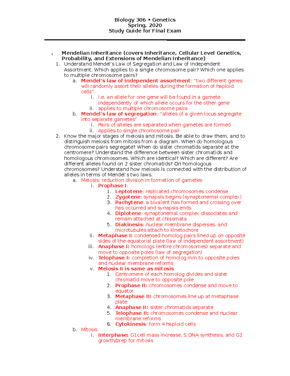 Biology 306 Spring 2020 Study Guide Final-Exam - Biology 306 • Genetics ...