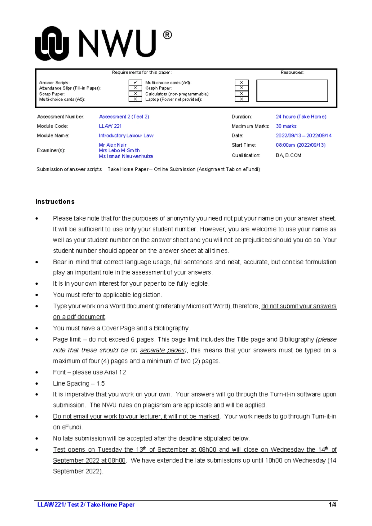 LLAW 221: Labour Law Assessment Plan & Test Details (2025) - Studocu