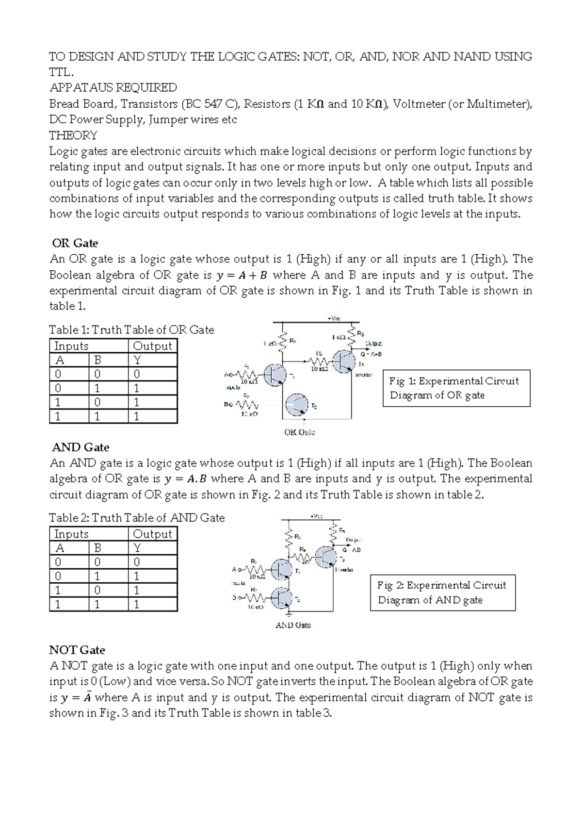Logic Gates Lab: Design & Study of NOT, OR, AND, NOR, NAND - Studocu