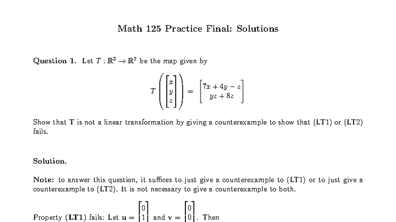 Math 125 Practice Final Solutions: Linear Transformations and ...