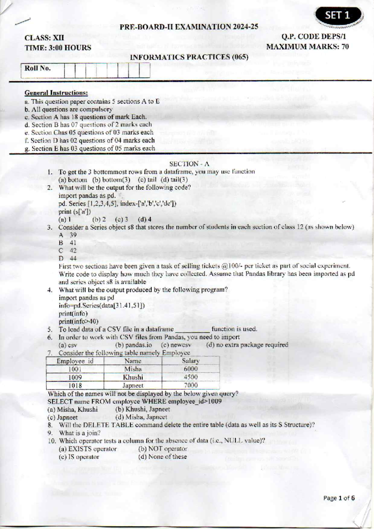 IP qp - ...... - SET 1 EXAMINATION CLASS: XII Q. CODE TIME: 3:00 HOURS ...