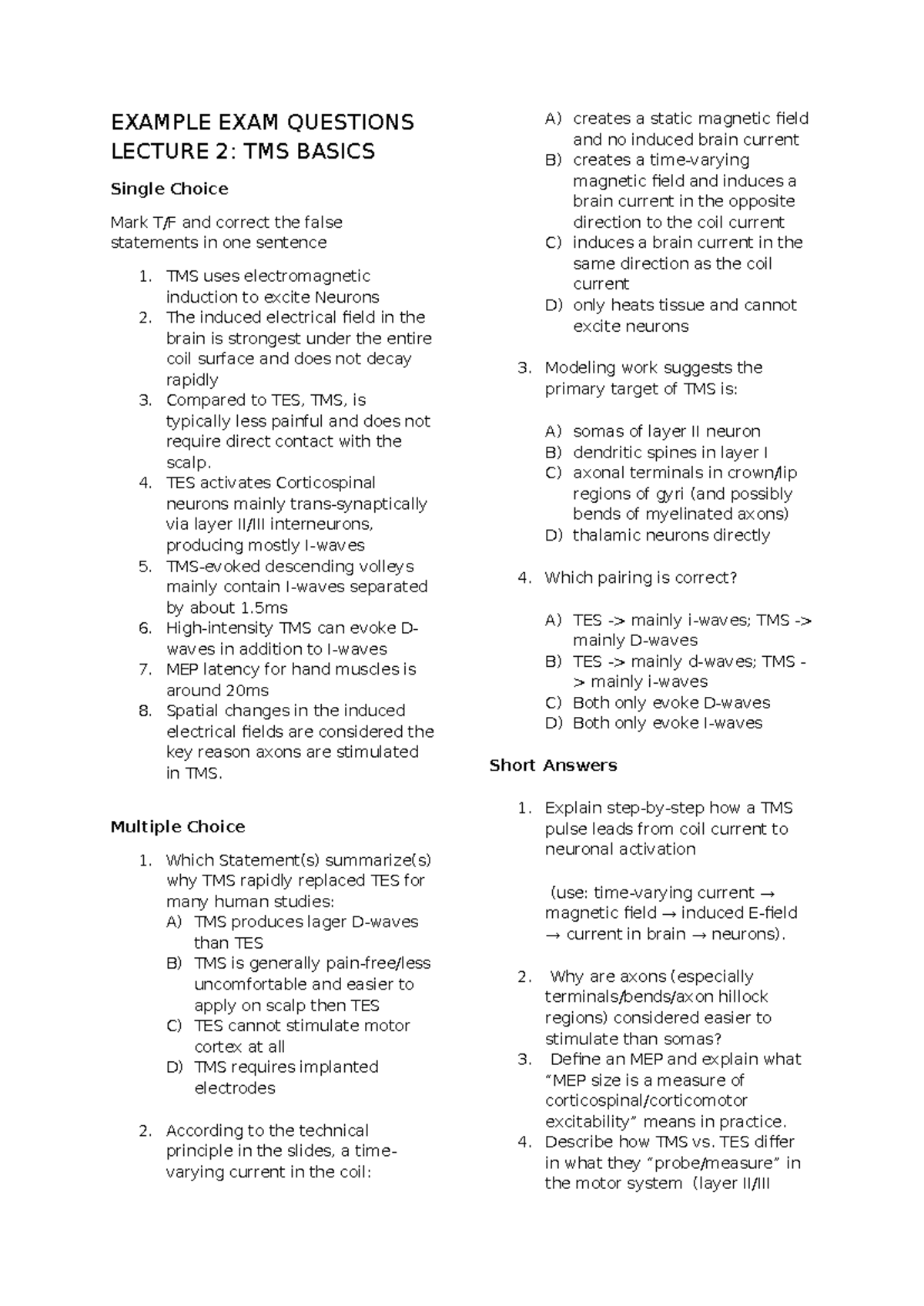EXAMPLE EXAM QUESTIONS LECTURE 2: TMS BASICS AND NEURAL CONTROL - Studocu