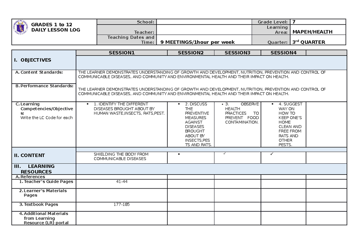 G7 DLL Mapeh Health Q3 - GRADES 1 to 12 DAILY LESSON LOG School: Grade ...