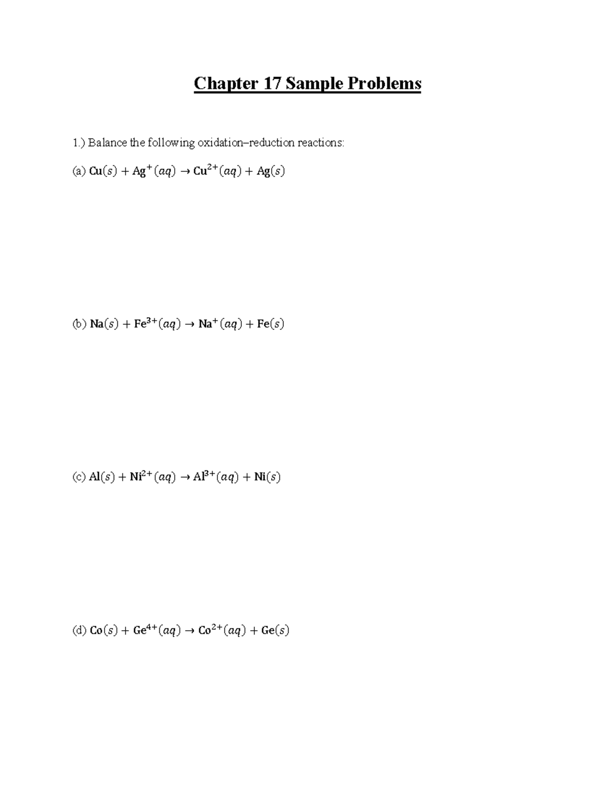 Chapter 17: Sample Problems on Balancing Reactions and Electrochemical ...